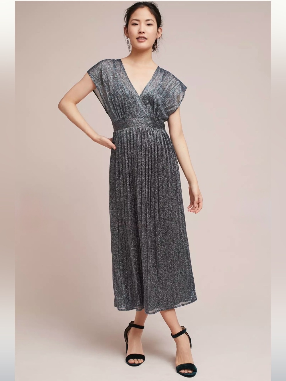 Anthropologie Moulinette Soeurs Pleated Metallic V-Neck Midi Wrap Dress Size 4